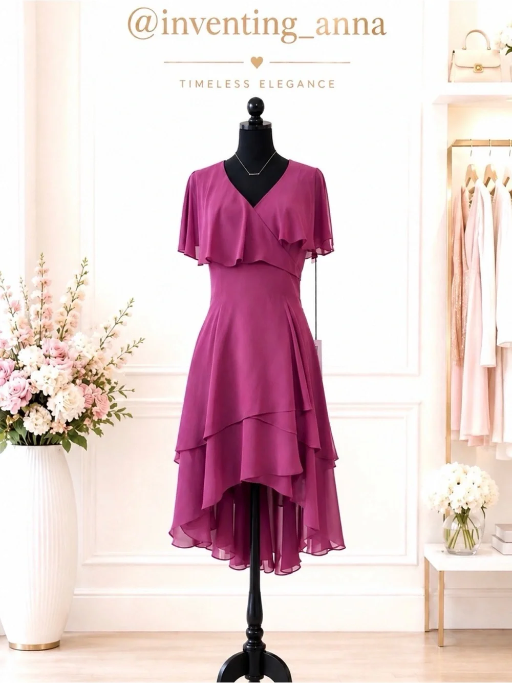Billowy High-Low layered dress w/flutter sleeves partially lined burgundy color